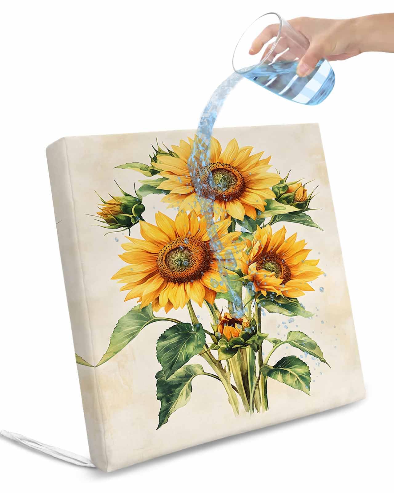 2 Pack Sunflower Waterproof Cushion Covers with Ties, Outdoor Patio Chaise Lounge Chair Seat Cushion Slip Covers Replacement(Only Cover) Retro Farm Floral Yellow Green Plant Leaf 22