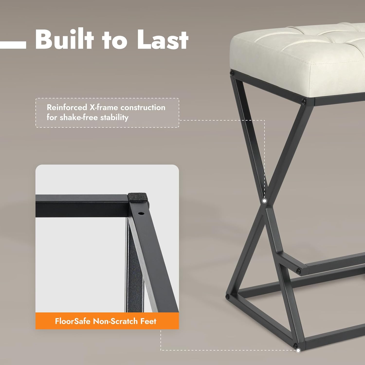 26" Bar Stools Set of 4, Counter Height Backless Bar Stools with Upholstered Leather Seat, X-Frame Metal Stability with Footrest for Kitchen Islands Cream White