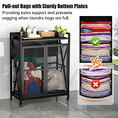 Ddj Laundry Basket With Wheels, Rolling Laundry Hamper, Laundry Sorter With 2-Compartment Tilt-Out And Removable Breathable Mesh Bags, Shelf, Metal Frame, 2 X 18 Gallons(68.5L), Black #TOP4