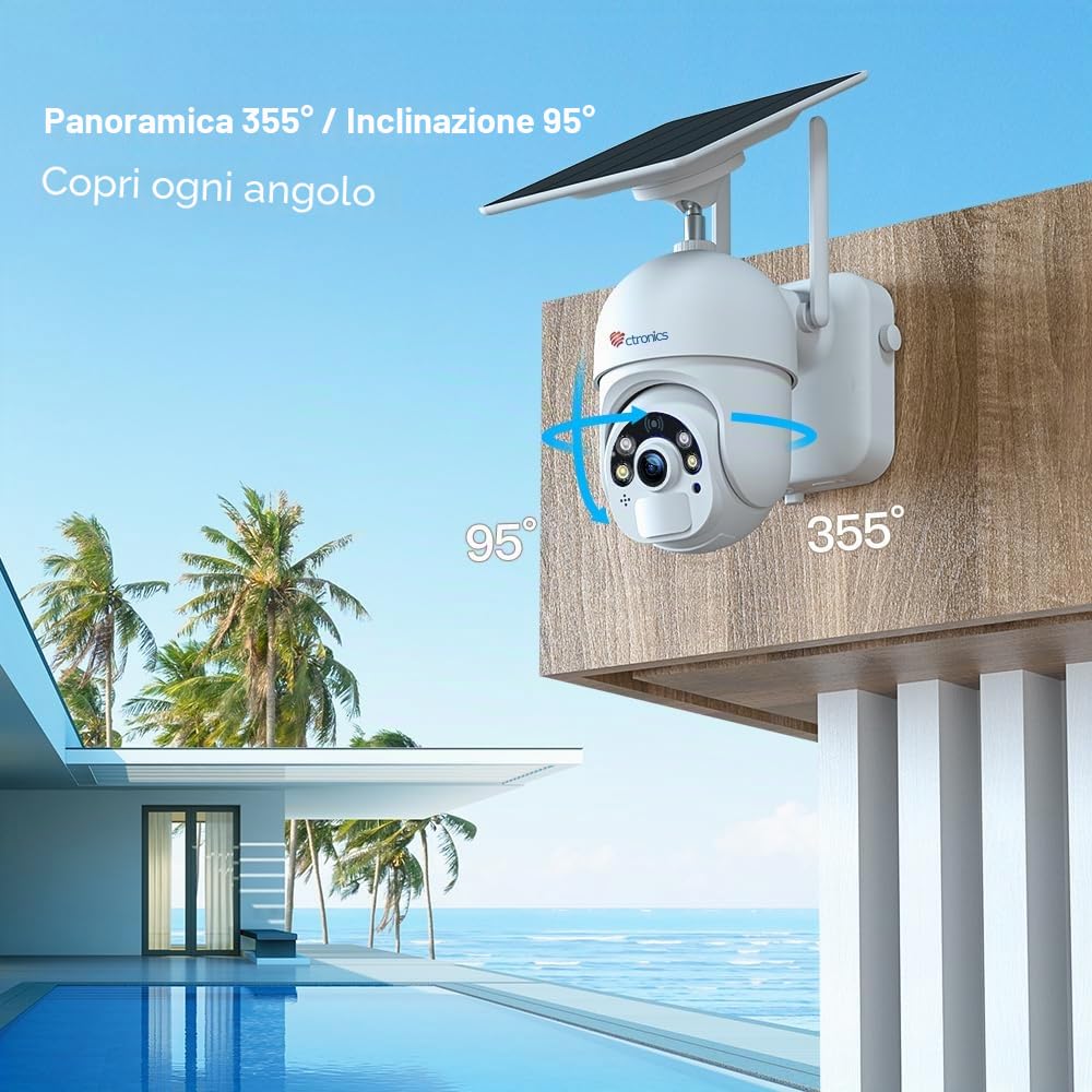 Ctronics 6W Pannello Solare Telecamera Esterno WiFi 2K 3MP, Visione Notturna Colore 30m & Spotlight, PC/APP, FTP/Cloud/128GB, Rilevamento PIR, Audio Bidirezionale, IP66 | Visione Notturna Colore 25m & Spotlight, PC/APP, FTP/Cloud/128GB, PTZ IP WiFi a Batt