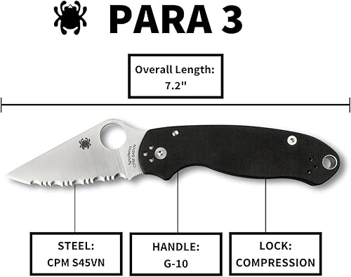 Miniatura 5 de Spyderco Para 3 - Cuchillo plegable con mango G-10 de borde plano, molienda plana, hoja de acero y bloqueo de compresión, Negro