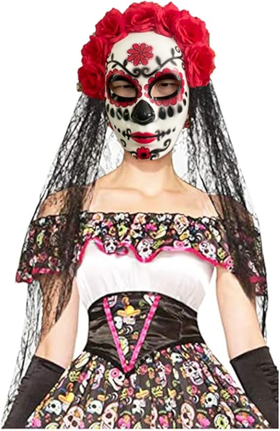 Day of the Dead Headband and Mask Set with Black Lace Rose Flower Veil Dia De Los Muertos Mask Halloween Costume Mexican Flower Headwear