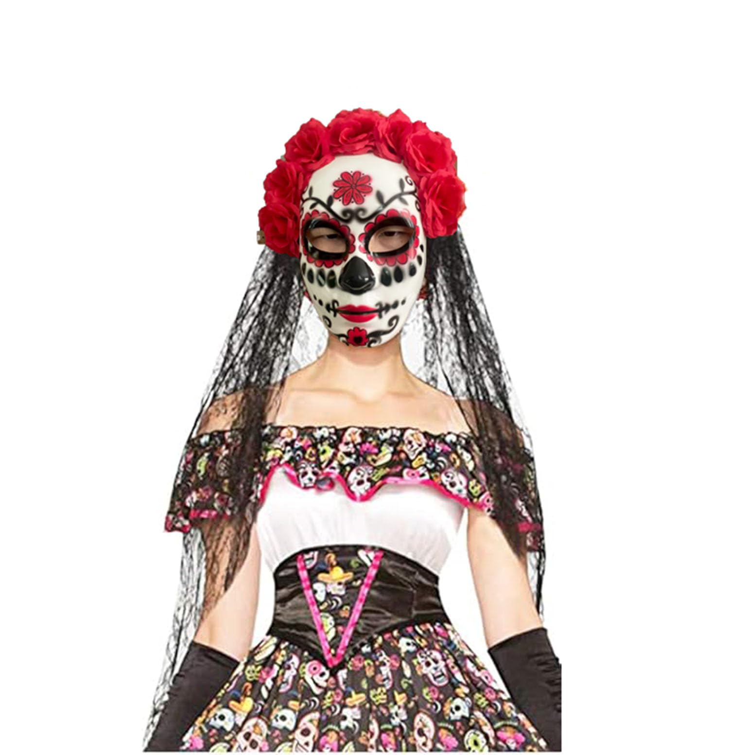 YaYuanSun Day of the Dead Headband and Mask Set including Black Lace Rose Flower Veil Dia De Los Muertos Mask Halloween Costume Mexican Flower Headwear