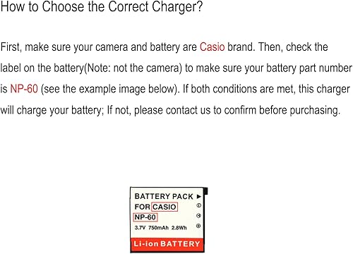 Miniatura 2 de Cargador de batería para batería Casio NP-60 NP60, compatible con Casio Exilim EX-Z9, EX-FS10, EX-S10, EX-S12, EX-Z20, EX-Z21, EX-Z25, EX-Z29,