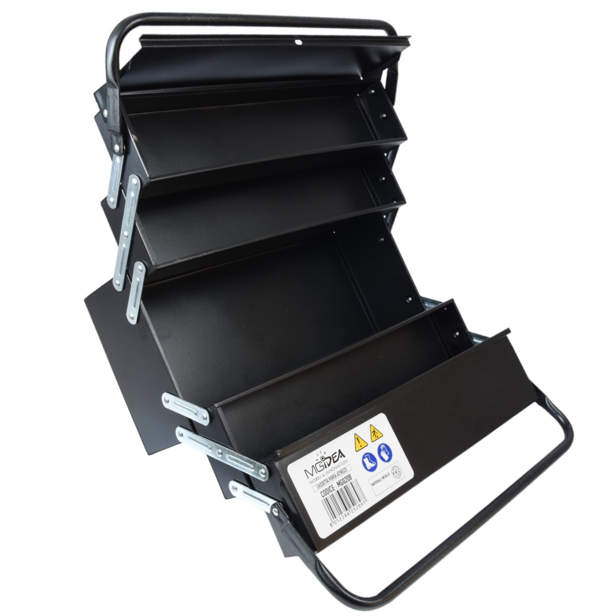 CASSETTA ATTREZZI PORTA UTENSILI METALLO VALIGETTA LAVORO 5 SCOMPARTI ACCIAIO NERO OPACO PROFESSIONALE 470 X 300 X 200 MM X