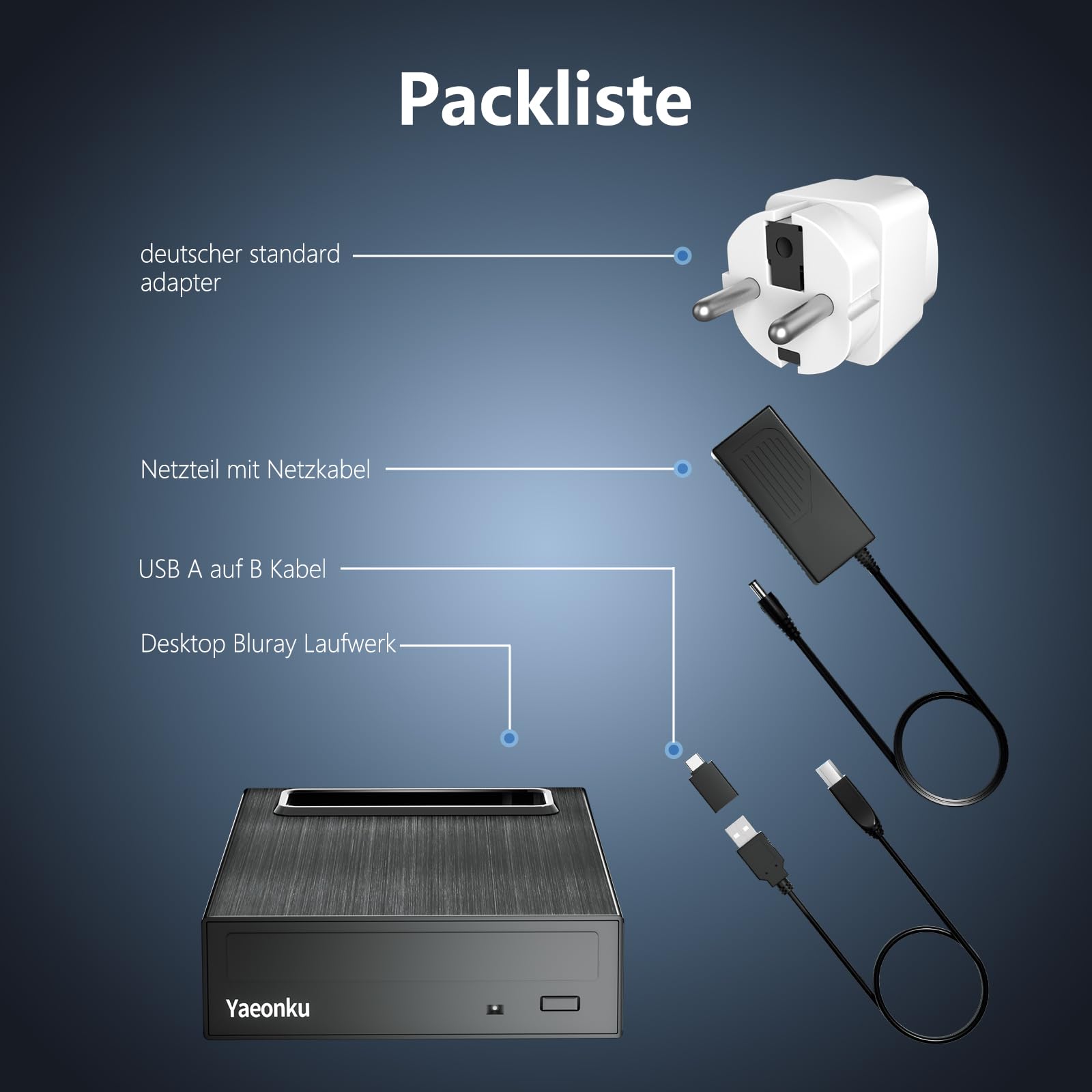 Yaeonku 4-in-1 Externes Blu ray Laufwerk, 16X USB 3.0 und Typ-C Leistungsstarke Desktop Externes Bluray Laufwerk Brenner DVD Brenner Optisches Laufwerk Ladegerät HDD Gehäuse USB HUB für Mac/PC
