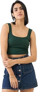 bearbrother Women's Ribbed Square Neck Sleeveless Crop Tank Top Price In India