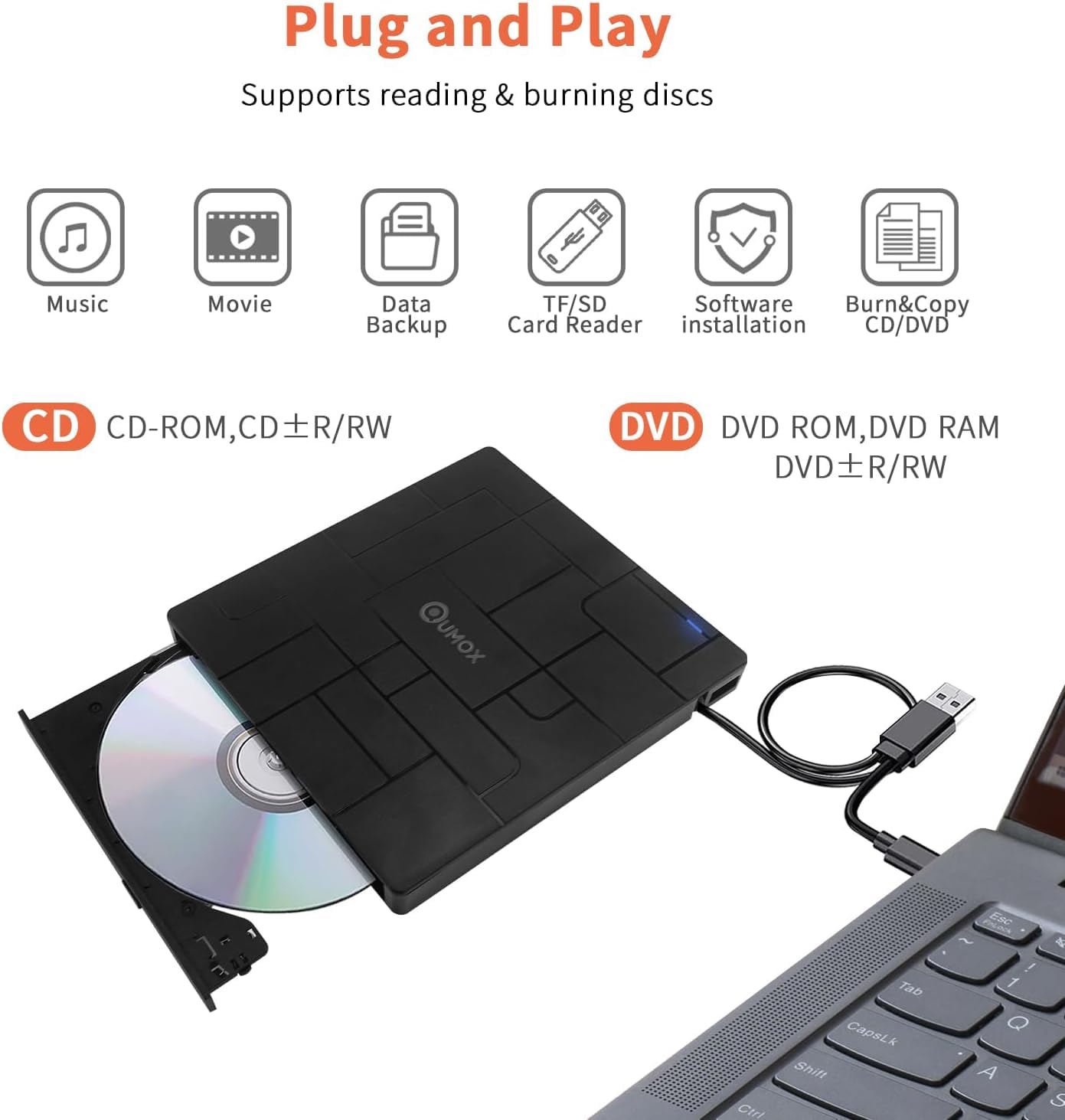 QUMOX Masterizzatore Esterno DVD/CD 8-in-1 USB 3.0 con USB-C, 3 Porte USB, Lettori Schede SD/TF, Masterizzatore Slim per Laptop, Windows 11/10/8/7, Linux, Mac OS
