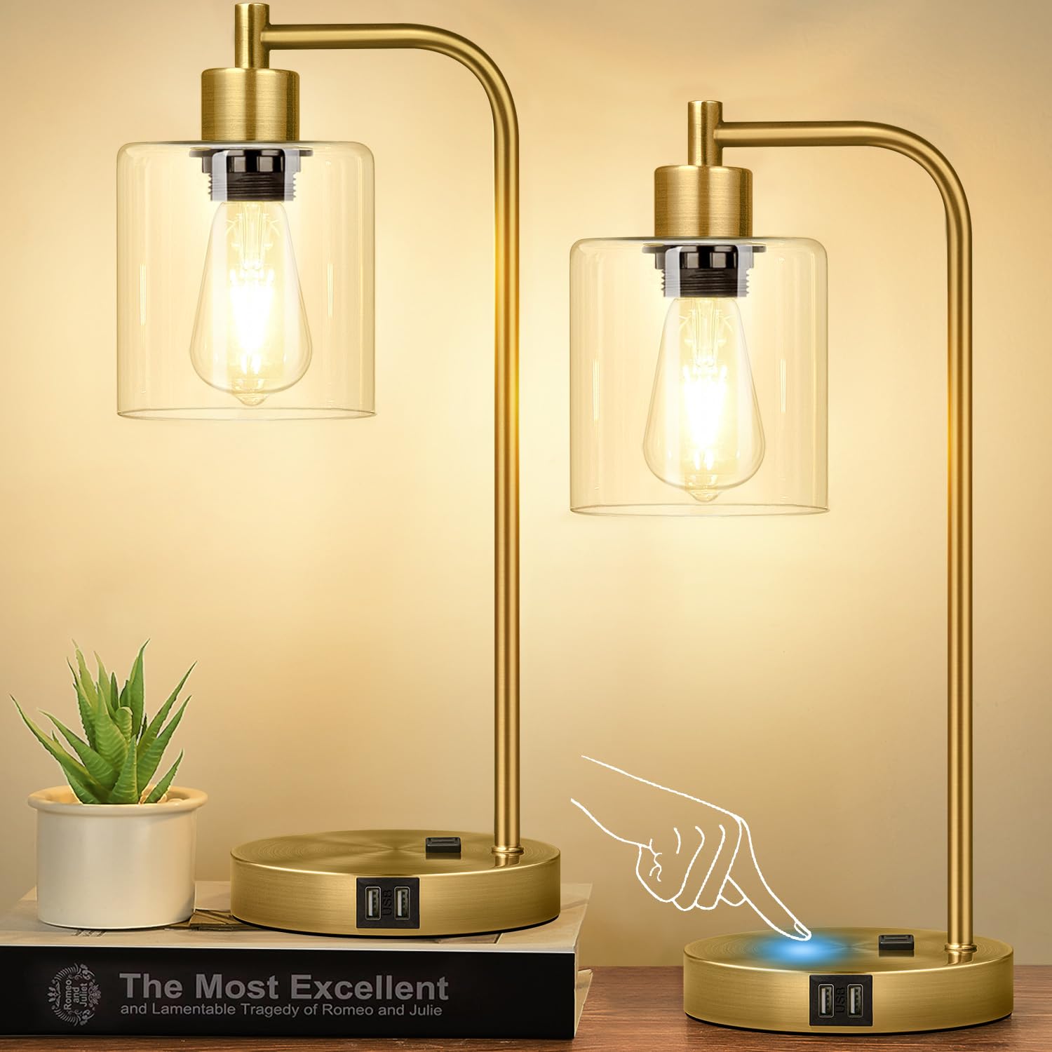 Industrial Touch Table Lamps Set of 2-2 USB Ports & AC Outlet Nightstand Lamps, 3-Way Dimmable Bedside Desk Lamp for Living Room Bedroom, Glass Shade & 2 LED Bulbs Included - Brass