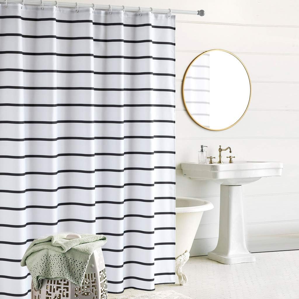 Rarva Washable Waterproof Polyester(Best Hotel Quality Eco Friendly) Liner Set for Bathroom Fabric Shower Curtain with Hooks - 72 x 78 inches,White Stripe Geometric