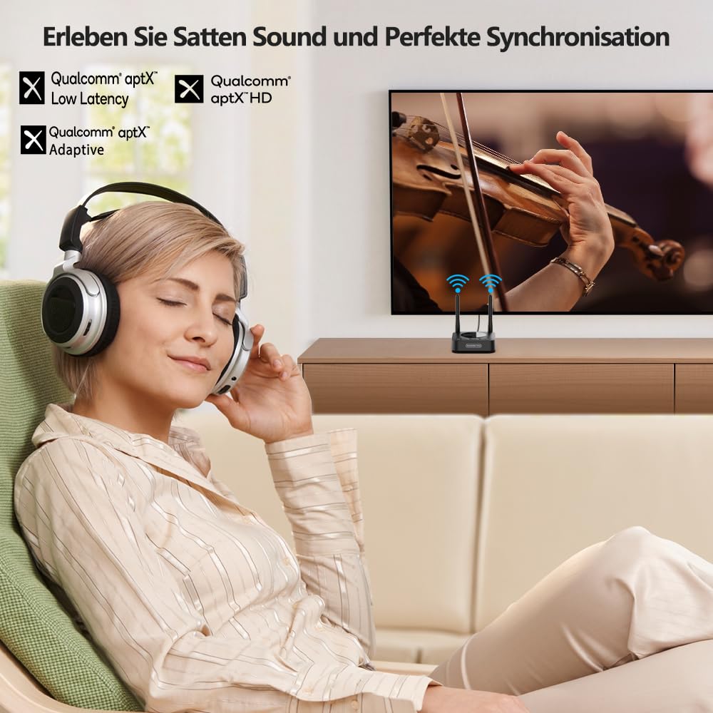 1Mii B06TX+ Bluetooth 5.3 Transmitter für TV mit Display, aptX Adaptive/HD/LL, Dual Link für 2 Kopfhörer, PC & Projektor, hohe Reichweite, Optical 3.5mm RCA Koaxial