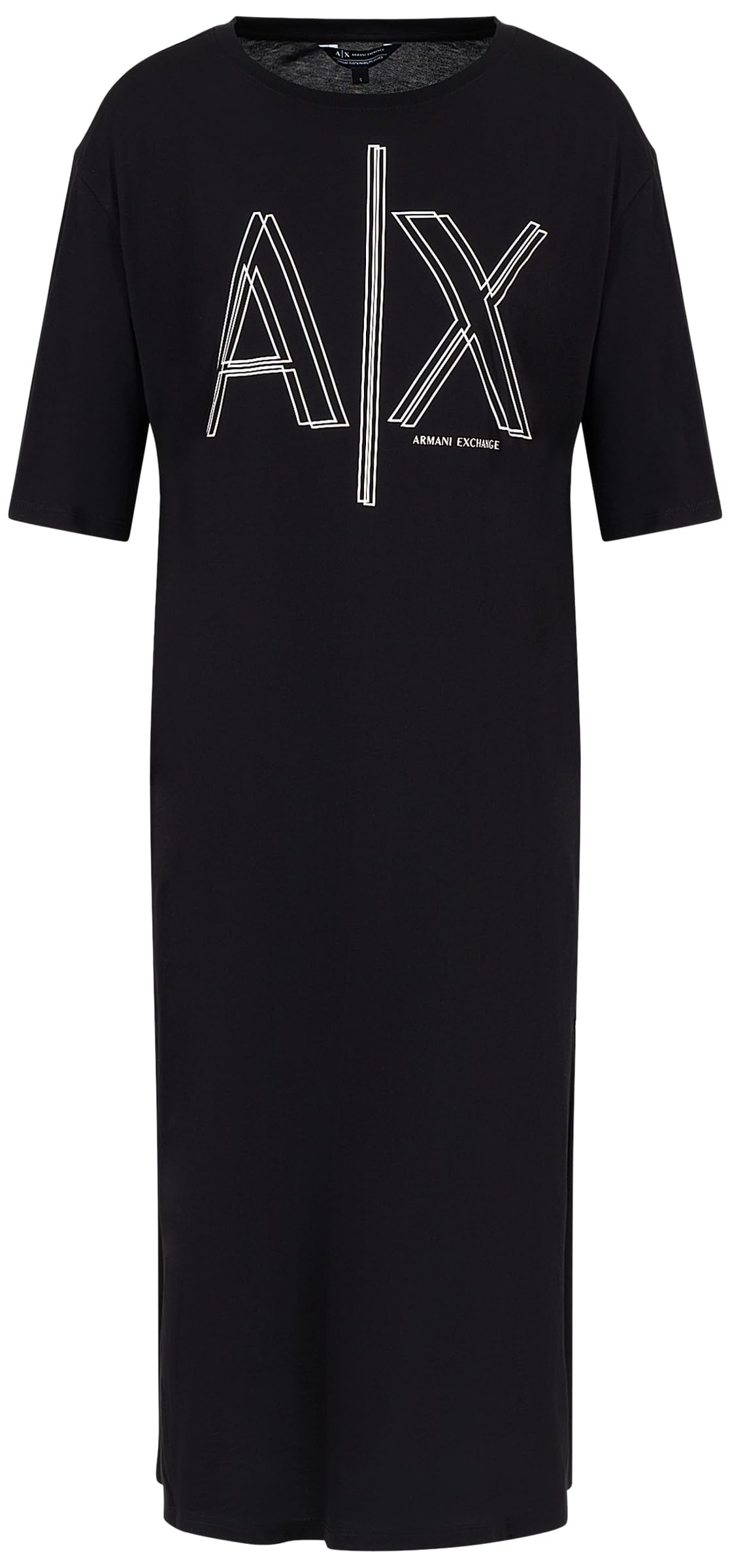 Armani Exchange Women's Sustainable, Big Logo Print, Round Neck Casual Dress, Black, S, Black, S