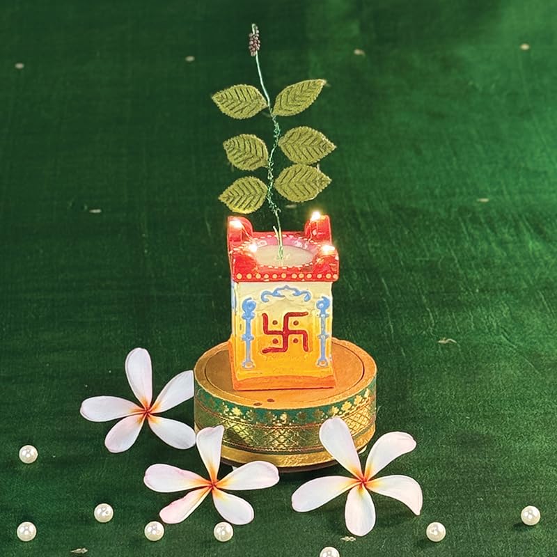 Solar Tulsi Vrindavan. Solar-Powered Diya for Pooja, Temple, Home Decoration. 4 Lights (Bati). Clay Solar Lamp for Gifting and Pooja. 4 LED Wicks Diya/Deepak for Pooja. (Pack of 1)