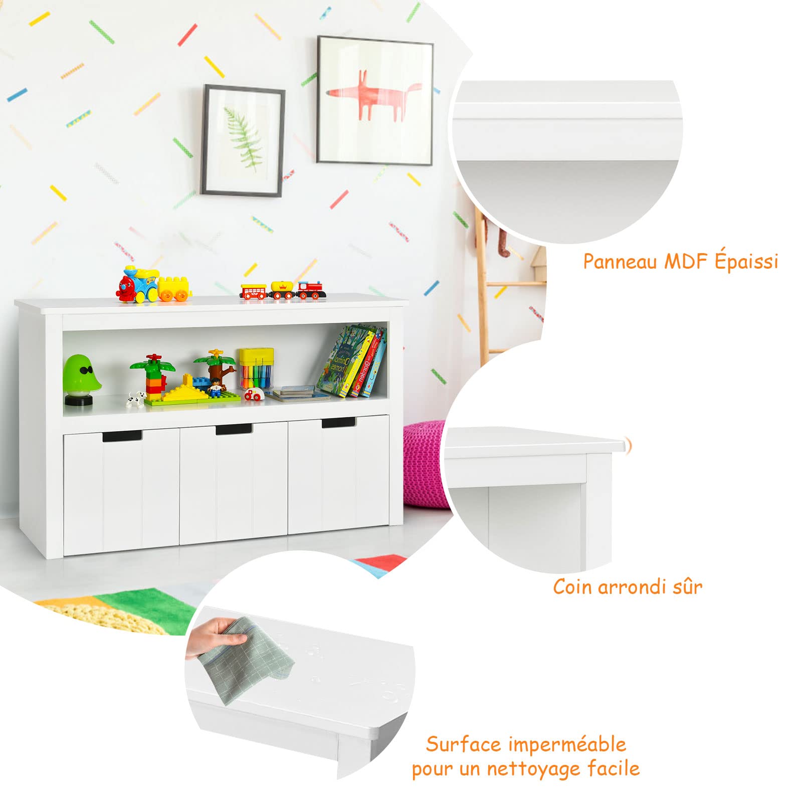 GOPLUS Armario de Almacenamiento para Juguetes para Niños, Estantería de 3 Cajones, Gran Estantería para Cubos de Almacenamiento, Armario de Almacenamiento para Habitación de Niños, 102 x 33 x 62 cm