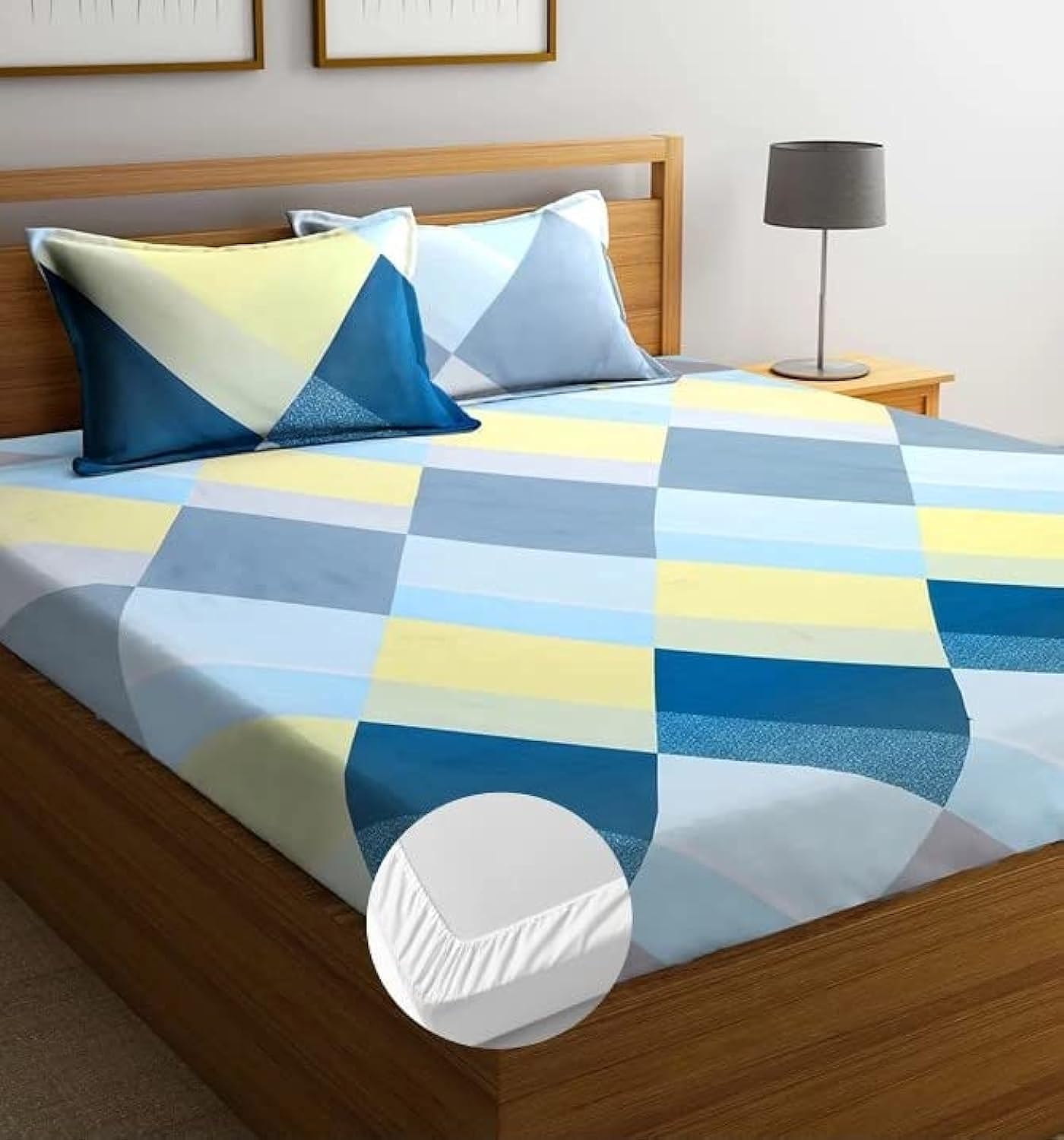 NEW LEAF Premium Cotton Elastic Fitted Bedsheets with 2 King Size Pillow Covers | Double Bed with All Around Elastic 180 TC Supersoft | Size - 72 King Sizex78+10 inches | Blue White Daimond Shape