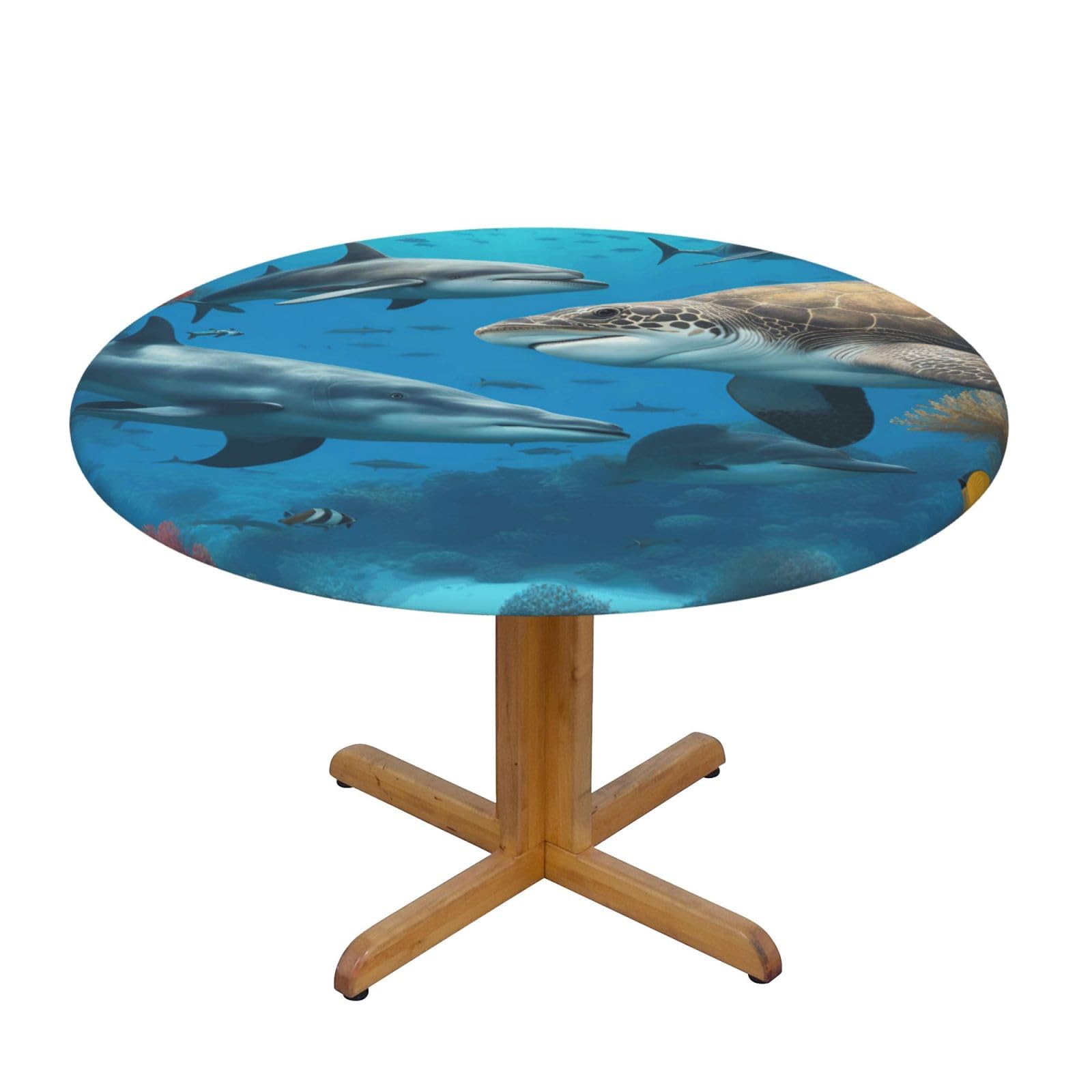 Dolphins Sea Turtle Shark Octopus Coral Reef Print Wipe Clean Oval Tablecloth Stain-Resistant Dining Table Accessories Table Protector For Home