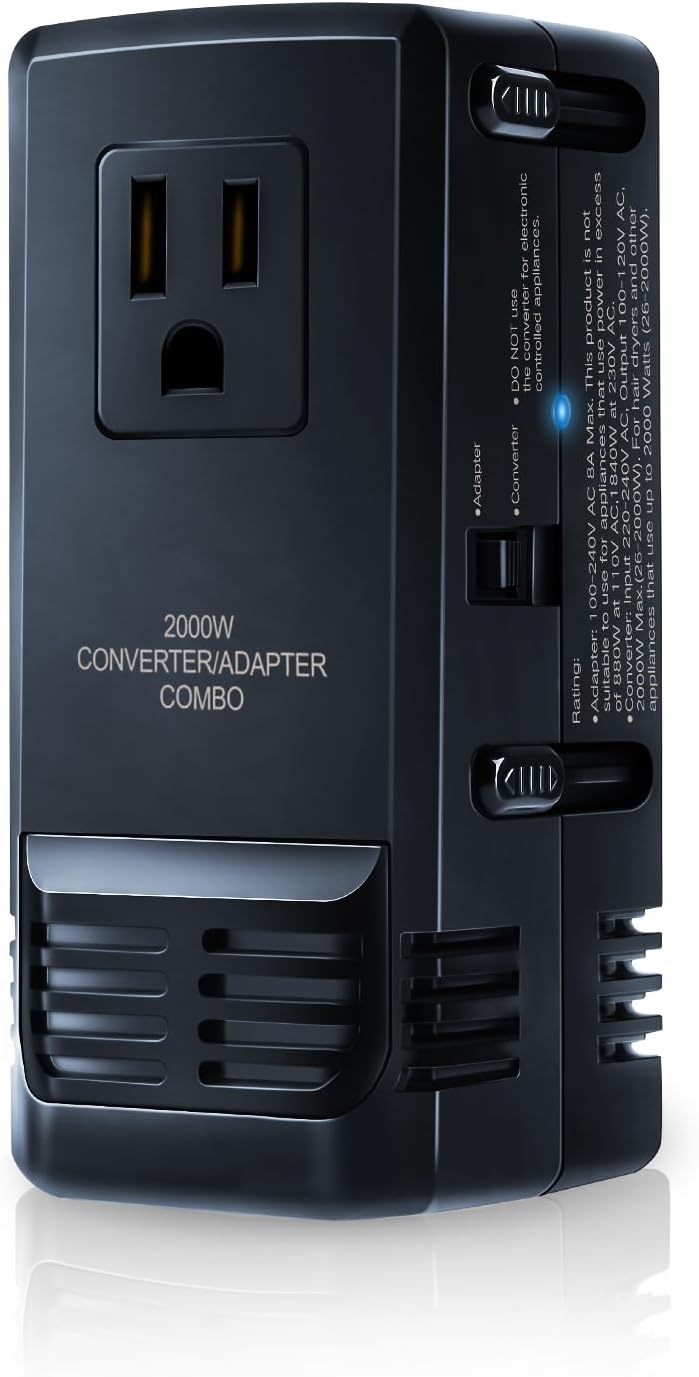 Power Converter Adapter Combo 2000W Voltage Converter 220V to 110V converters and adapters for Travel Europe Built-in with 4 Adapter Plugs US to Europe, UK, Israel, Africa Over 150 Countries FUNPRO