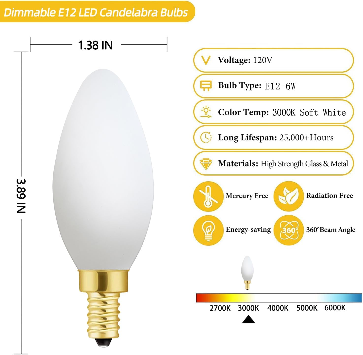 Frosted LED Bulb Dimmable 6W Equal Soft White 3000K e12 Candelabra Bulb 60 watt for Chandeliers,Ceiling Fan,Pendant,Wall sconces AC120V 600LM e12 Light Bulb 6Pack