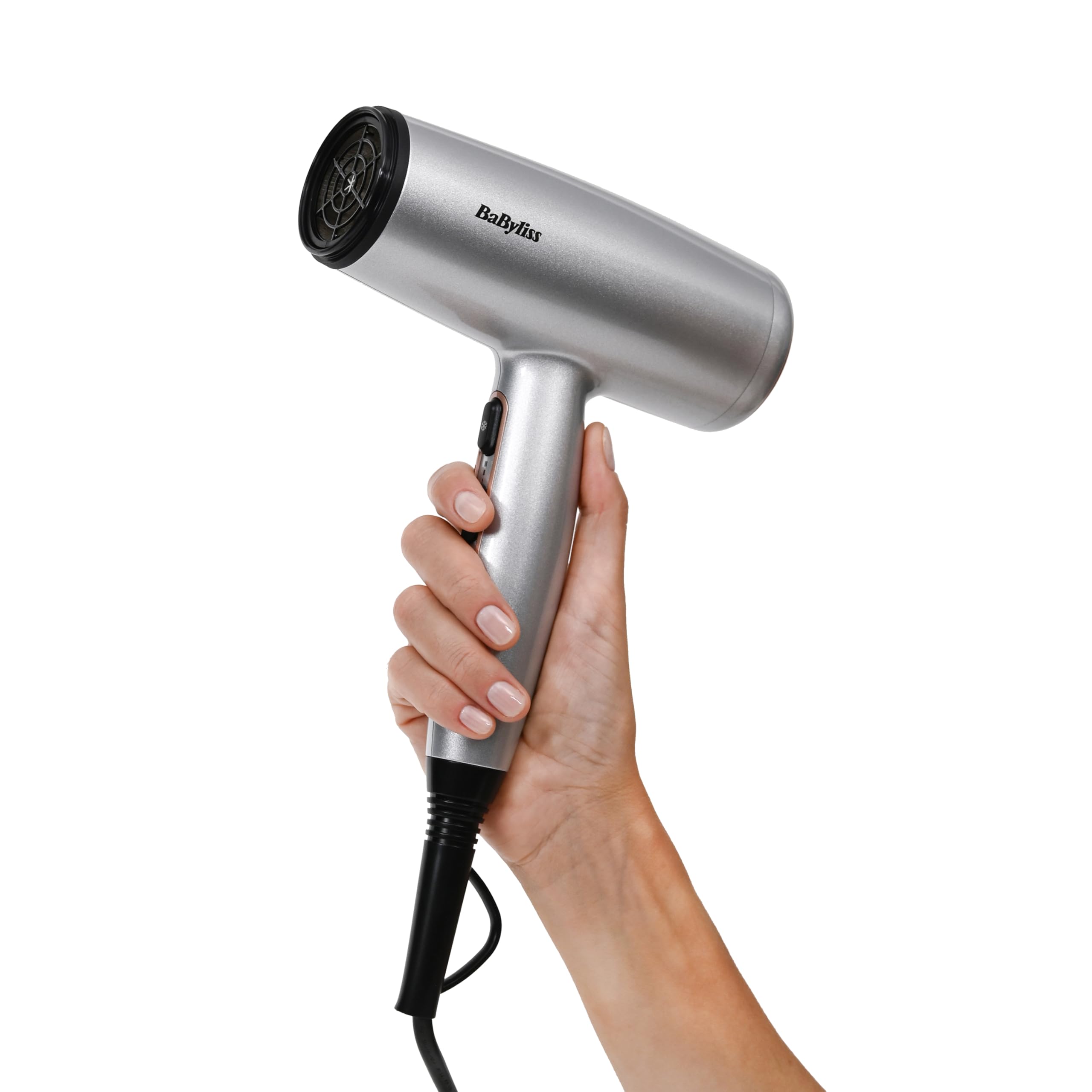 BaByliss Sèche-Cheveux Cosmos avec Diffuseur, Léger – NOUVEAUTÉ 2025, Sèche-cheveux puissant et élégant de 2100W, Technologie ionique anti-frisottis, 3 températures & 2 vitesses, Argenté, D580DE