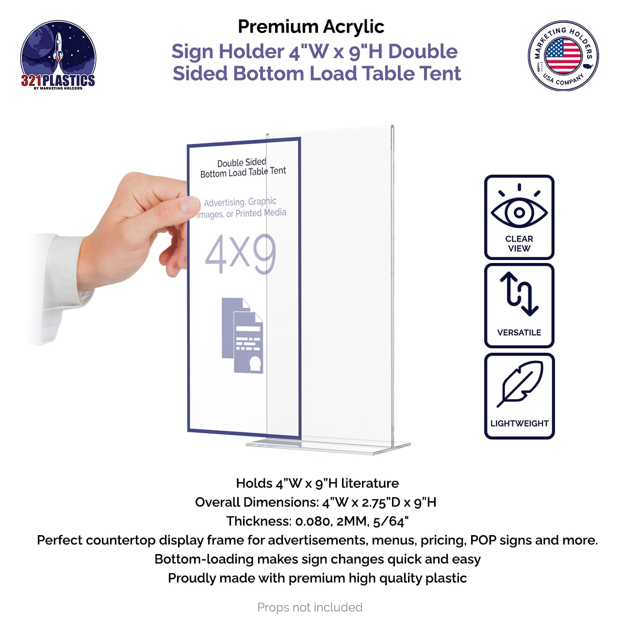 2 Pack Sign Holder 4 x 9 Inch Tall Double Sided Clear Acrylic Rack Card Frame for Countertops Vertical Literature Menu Pricing Deli Bottom Loading Table Tent Display by Marketing Holders