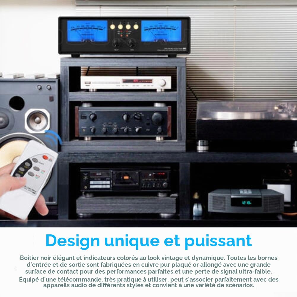 Distributeur audio 4 voies, micro + ligne analogique, double VU mètre, indicateur de niveau sonore, répartiteur audio (rétroéclairage bleu)