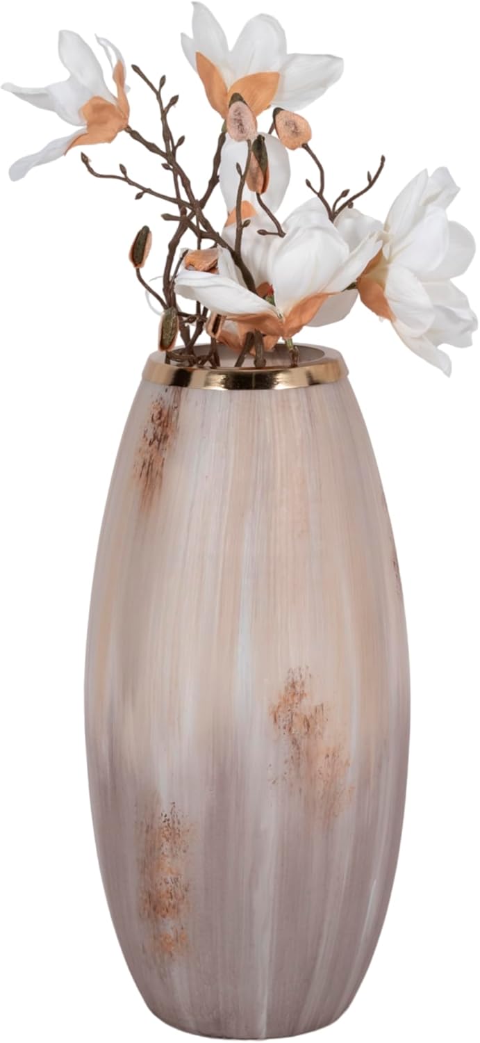 Modern Decorative Glam Glass Vase with Gold Rim – Curved Opal Ombre Finish – Elegant Home Decor Accent Piece for Living Room, Bedroom, Entryway, or Office – 18" Multi-Tone Ivory, Tan & Gold