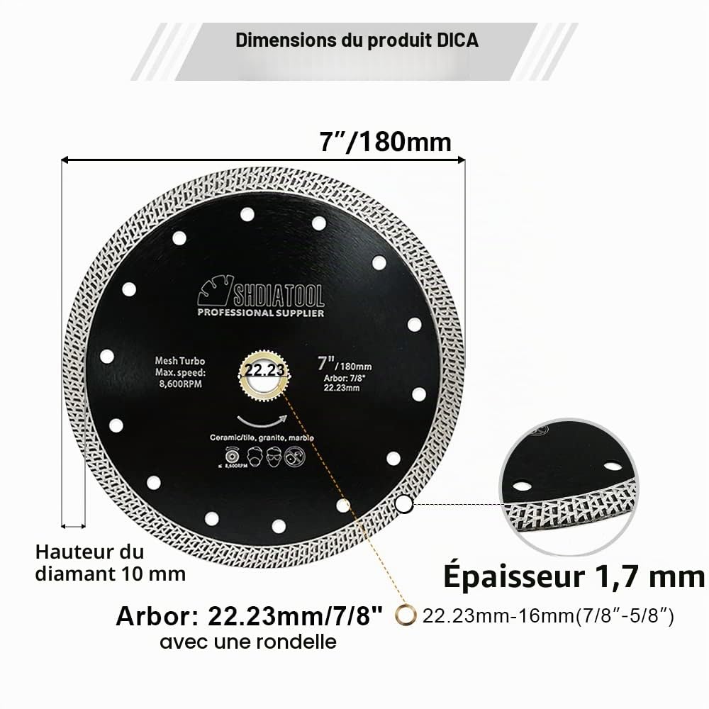 SHDIATOOL Disque à Tronçonner Diamant 180mm avec Maillé Turbo pour Porcelaine Tuile Céramique Granit Marbre （Dia 7 Pouces）