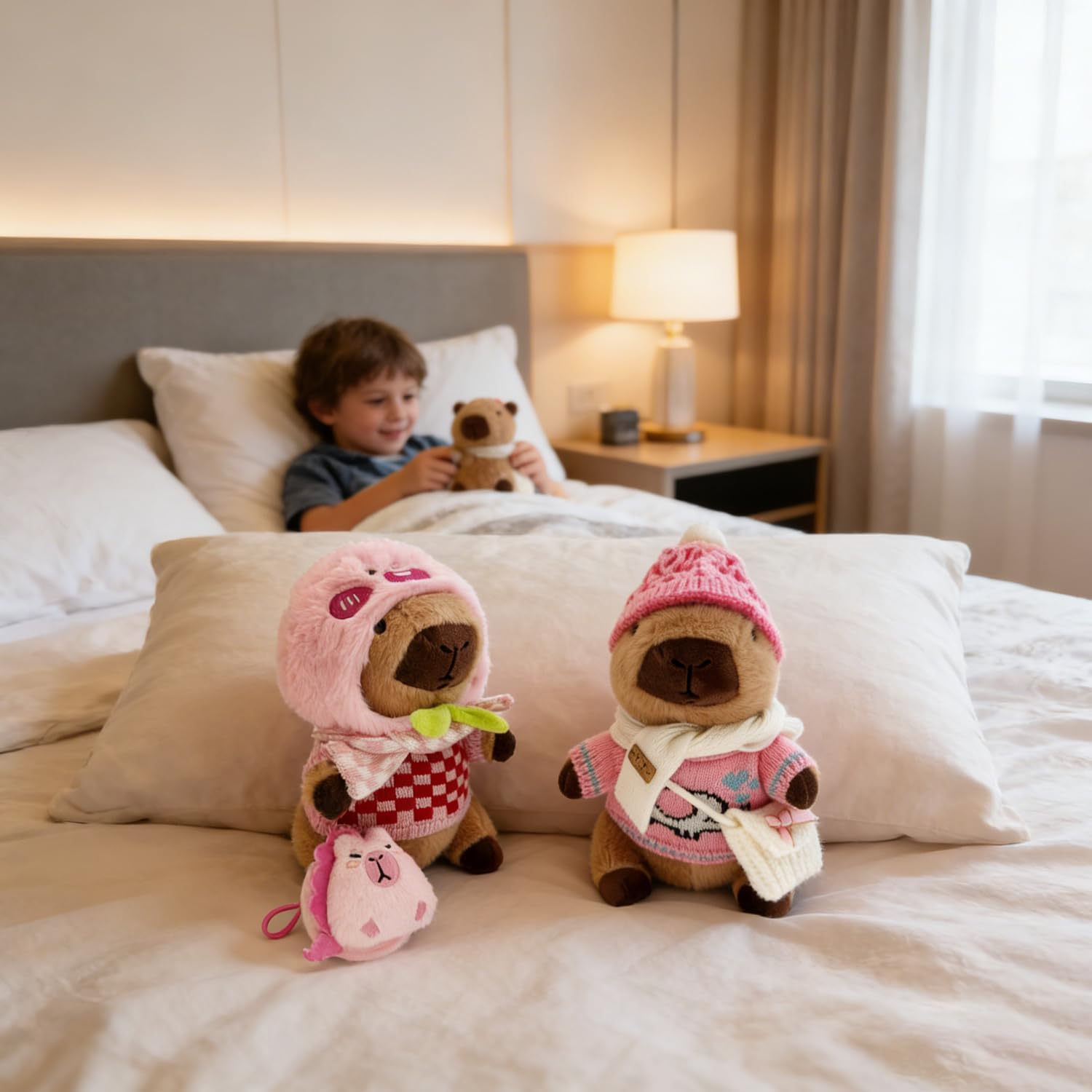 11Pcs Capybara Plush Toy, Capybara Stuffed Animal with 10 Clothes and Accessories, 10 inch Super Soft Capybara Toys for Kids Girls Boys, Role Play Dress Up Gifts (Pink 11 pcs)