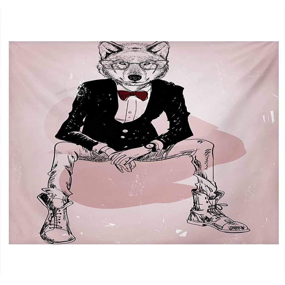 ScottDecor Indie Aquarium Poster Hipster Portrait of Sitting Wild Wolf with Glasses Smart Casual Outfit One Side Fish Tank Baby Pink Black Burgundy W48 x L20 Inch