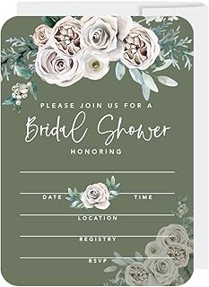 Andaz Press Sage Green with Cream Floral Blossoms Fall Wedding Party Collection, Blank Invitations with Envelopes, Please Join Us for a Bridal Shower, Floral Bouquet Graphic, 20-Pack
