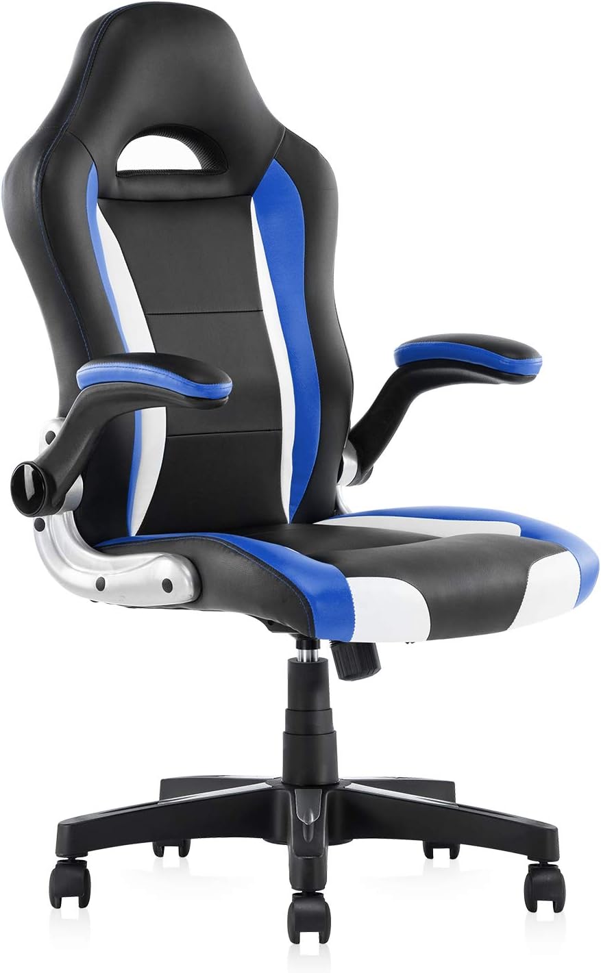 SEATZONE Racing Car Style Bucket Seat Gaming Chair, Curved High-Back Executive Swivel Office Leather Chair, Adjustable Computer Chair with Flip-Up Armrest (Blue&White)