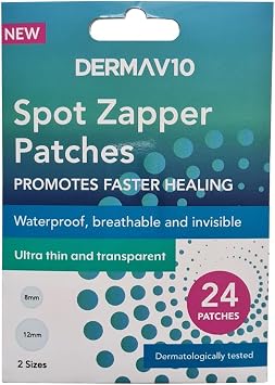 Healthpoint Derma V10 Spot Zapper Patches, Pack Of 24 Hydrocolloid Patches For Faster Healing For Blemishes And Pimples, Waterproof, Breathable, Durable, Invisible, Dermatologically Tested, 2 Sizes