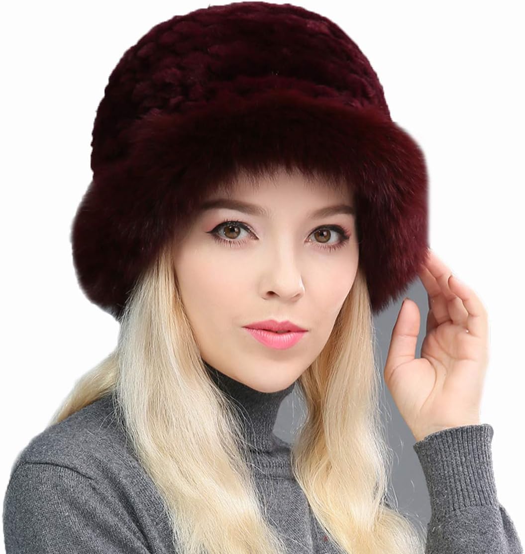 Real Rex Rabbit Hair Bucker Hat Real Fox Hair Brim Women Knit Hats Winter Warm Outdoor