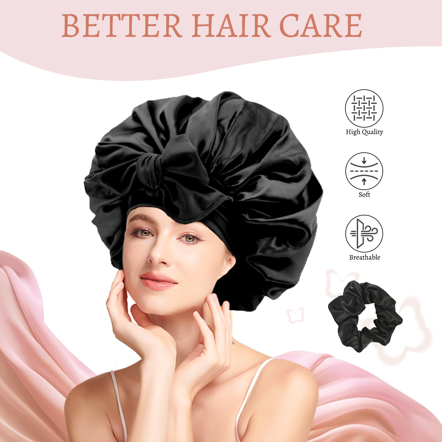 1 Pcs Silk Bonnet for Sleeping, Black, M - Image 3