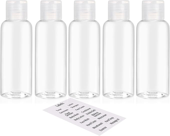 Clear bottles and a sheet of labels