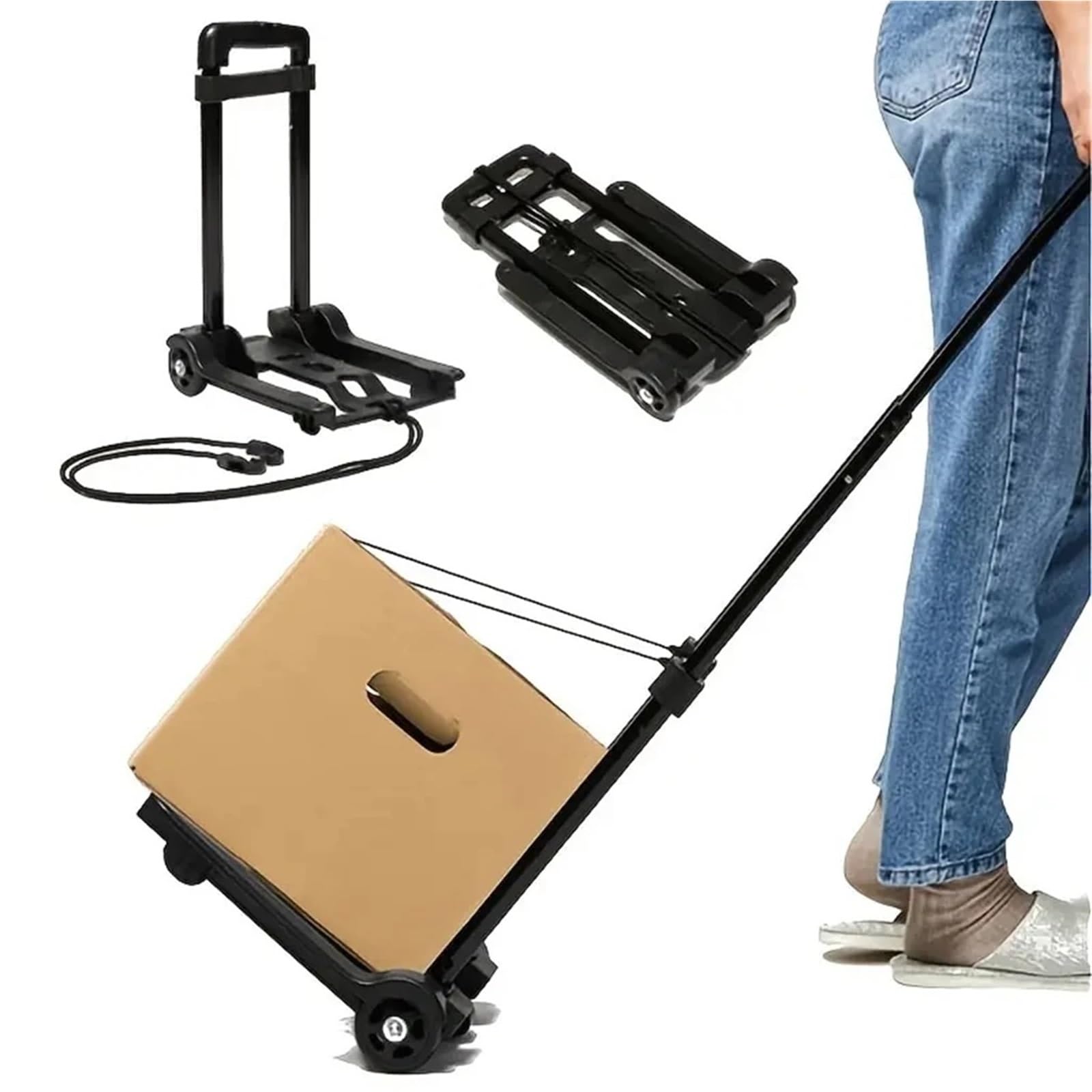 Sackkarre Klappbar 2 Runden zusammenklappbarer Handkarren, schwarz, Kleiner, Leichter Wagen, tragbar, teleskopisch, Dolly, Rucksack, Gepäck, Reisen, Umzug, Einkaufen