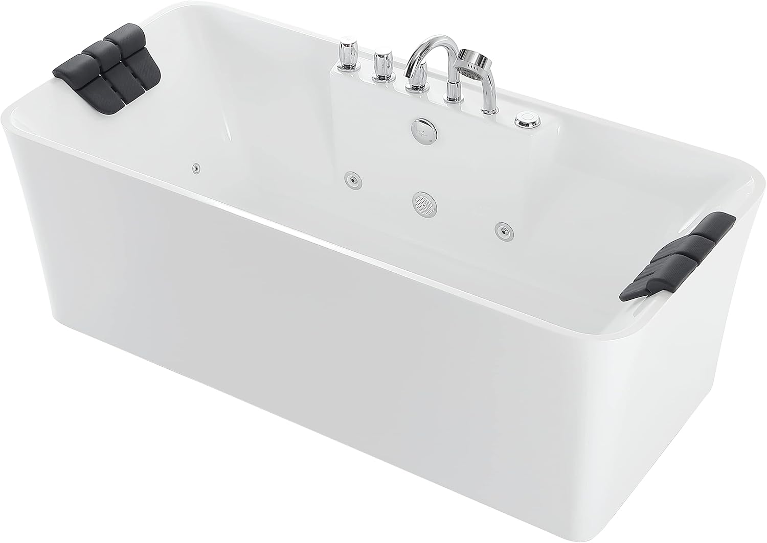 Empava 67 in. Acrylic Freestanding Tub Hydromassage Gracefully Rectangle Shaped Whirlpool 8 Water Jets Soaking SPA, Double-Ended Massage Bathtub with Two Black Pillows