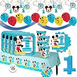 Mickey Mouse Fun To Be One MEGA First Birthday Party Supplies Pack For 16 Guests With Plates, Cups, Napkin, Tablecover, Balloons, Birthday Banners, High Chair Kit, Bib, Mickey Hat and Exclusive Pin!