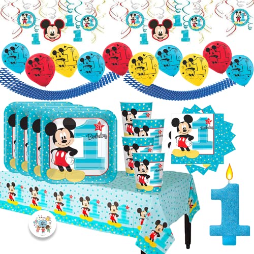 Mickey Mouse Fun To Be One Mega First Birthday Party Supplies Pack for 16 Guests with Tableware, Candle, Decorations and Exclusive Pin