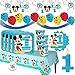 Mickey Mouse Fun To Be One MEGA First Birthday Party Supplies Pack For 16 Guests With Plates, Cups, Napkin, Tablecover, Balloons, Birthday Banners, High Chair Kit, Bib, Mickey Hat and Exclusive Pin!
