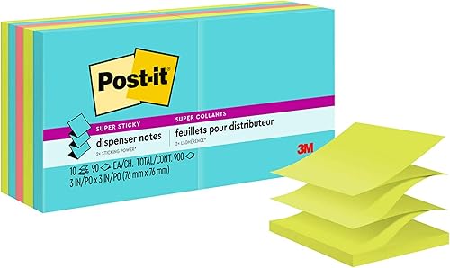 Post-it Notas emergentes súper adhesivas, 3 x 3 pulgadas, 10 blocs, 2 veces más poder de adherencia, neones supernova, colores brillantes,