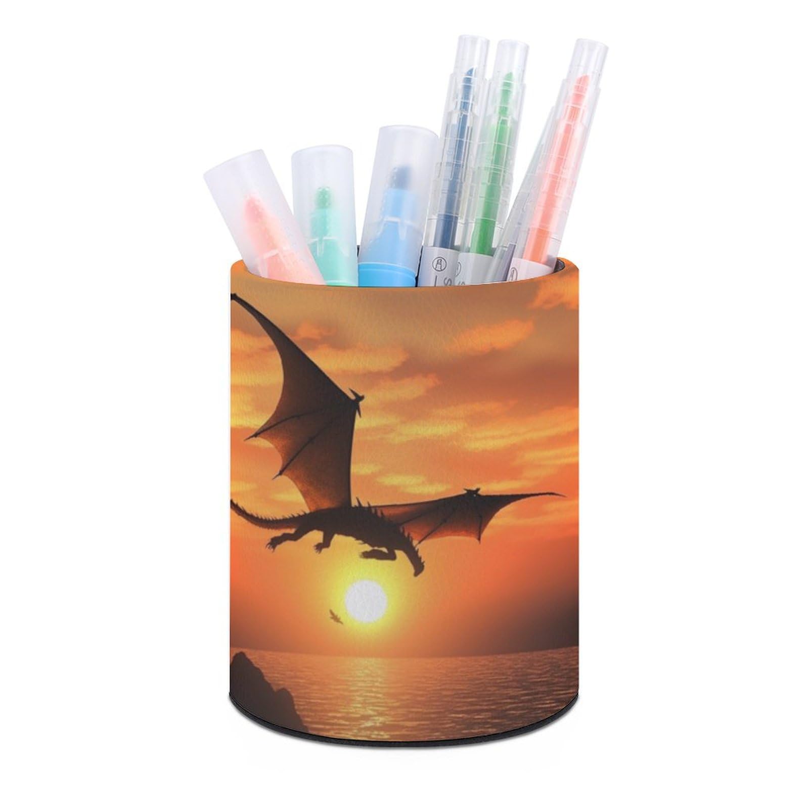 JTREHY Round Pen Holder,Sea Sunset Flying Dragon Printed Makeup Brush Storage Box Desktop Stationery Storage Cup Office Accessories Storage Box Pencil Storage Box for Home Office Dressing Table