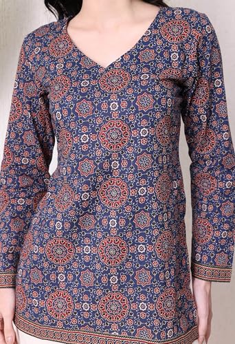 Image of MEERA FAB Women's Floral Printed Cotton Short Top | Ikkat Printed Top Cut Sleeves | Short Kurti for Women