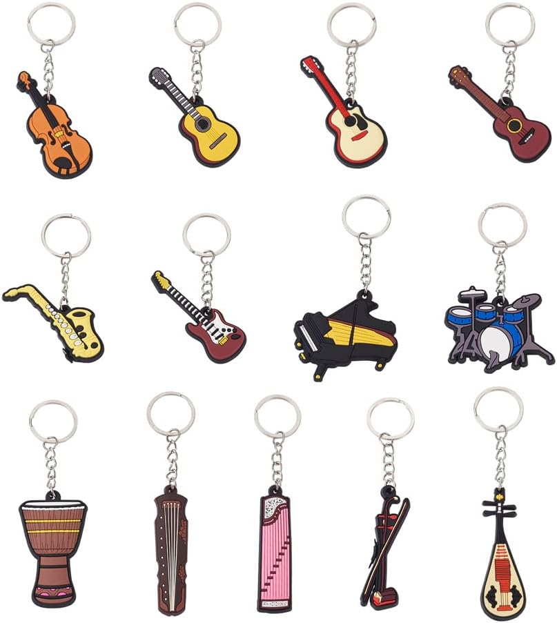 13PCS Silicone Key Chains Musical Theme Instrument Shapes Bag Chains Piano Guitar Violin Colorful Pendants Creative Key Chains with Stainless Steel Key Rings for Small Gifts Backpack House Decorations