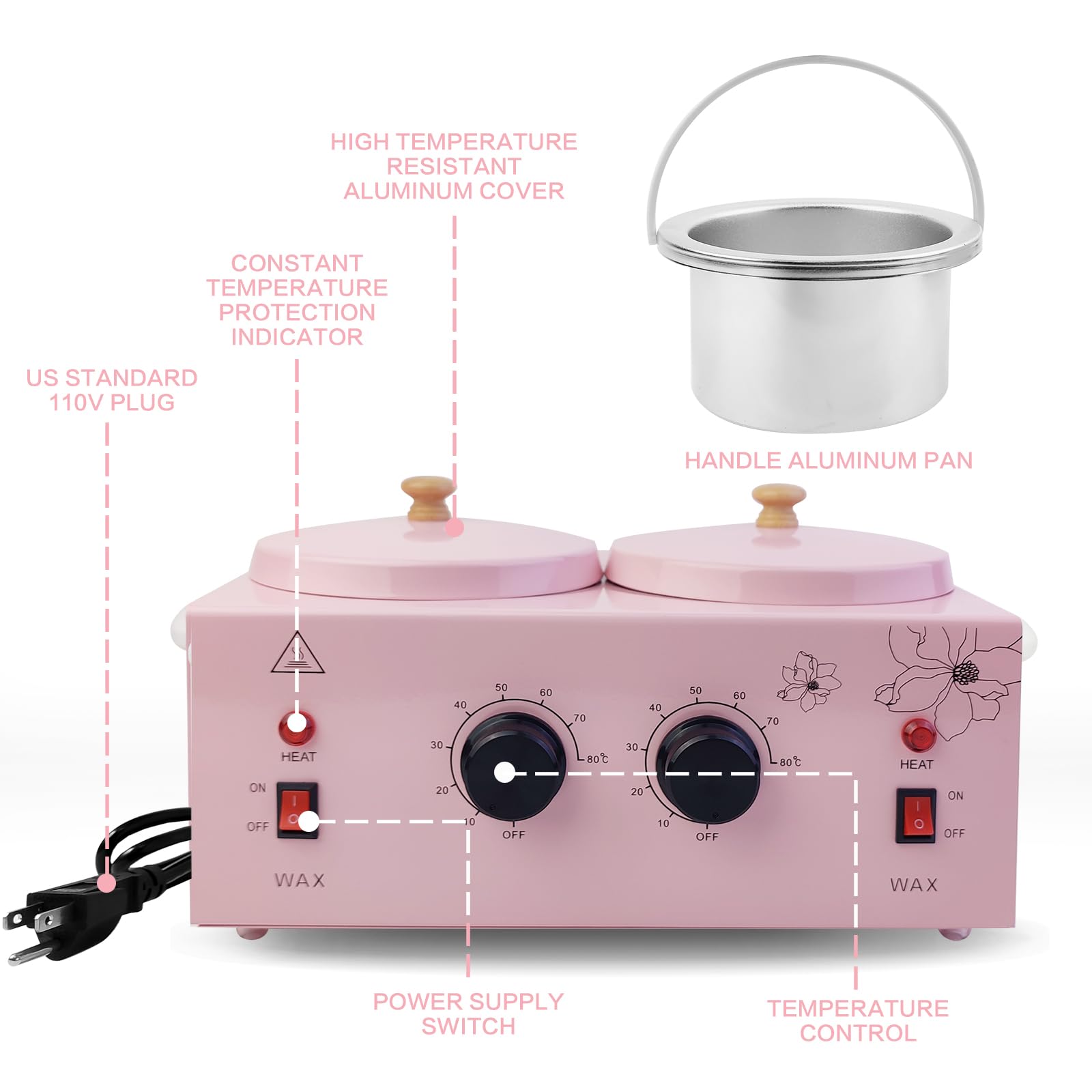 Chauffe-cire portable avec température réglable et 40 bâtons de cire - Épilation indolore pour homme et femme (rose - double pots)