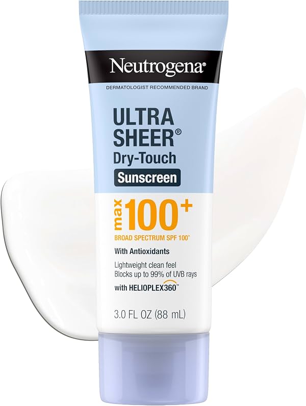 Protector solar en loción Neutrogena Ultra Sheer Dry Touch, SPF máx. 100+, 3 fl oz | Protección de amplio espectro UVA/UVB, ligero, fórmula no grasa, sin oxibenzona, con antioxidantes, protección ultravioleta, 3 fl oz (paquete de 1)