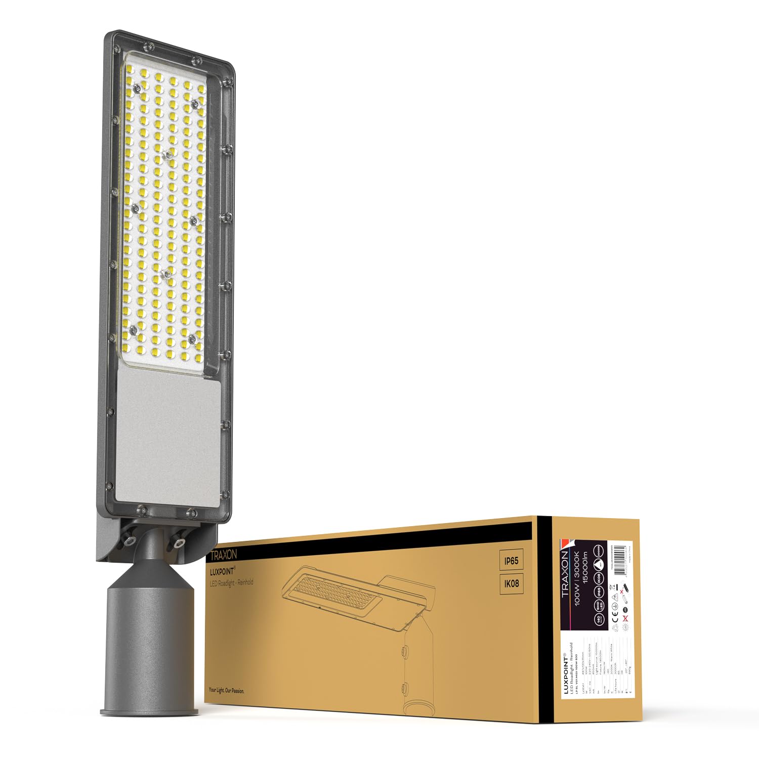 TRAXON LUXPOINT® Luminaria LED de Alumbrado Vial- Reinhold 100W 15000lm Luz Fría 5000K IP65 Ángulo 80° Aluminio, Uso Exterior, 5 Años de Garantía (Luz fría 5000K, 100 Watios)