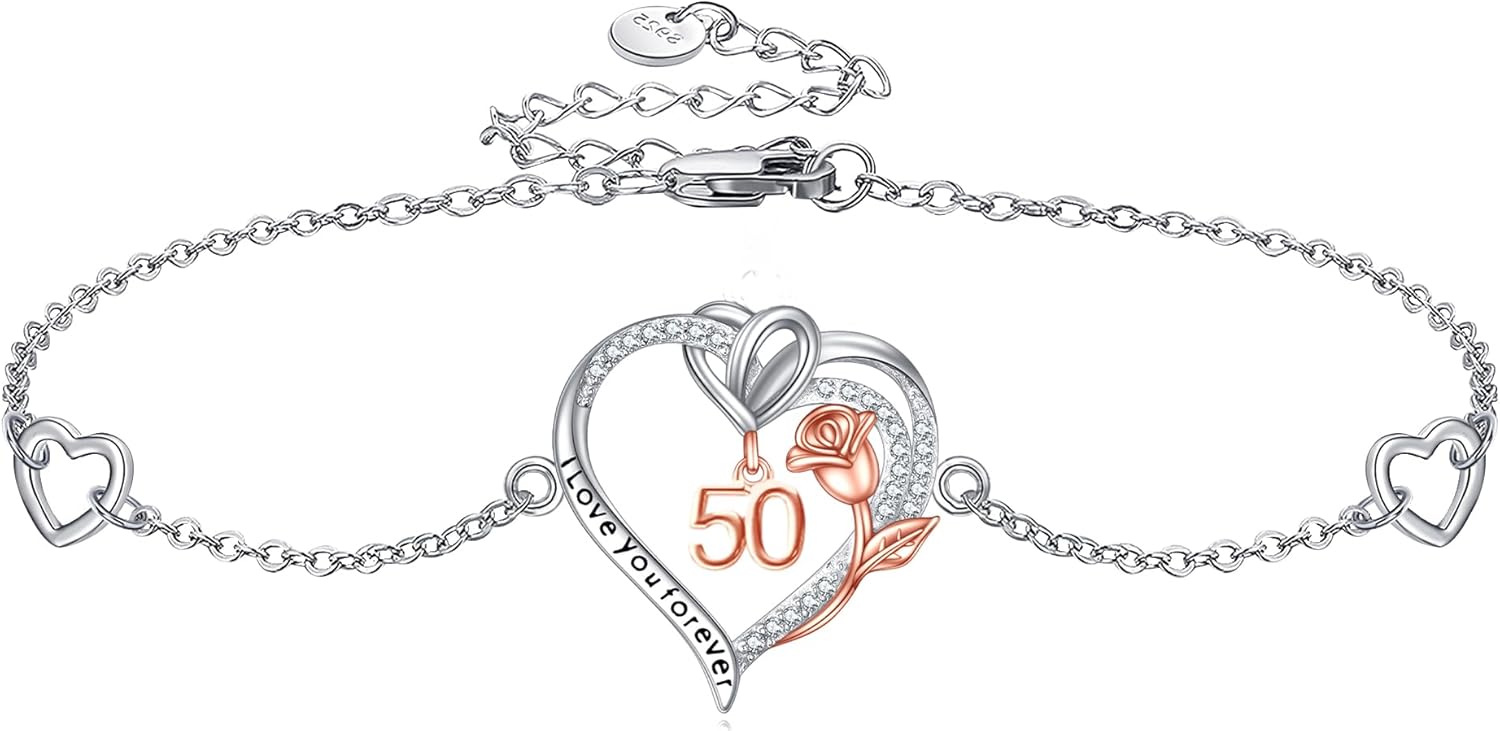 Birthday Bracelet Sterling Silver 16th 18th 21th 80th Birthday Bracelet Heart Rose Flower Birthday Jewelry for Women Mothers Day Christmas Gifts