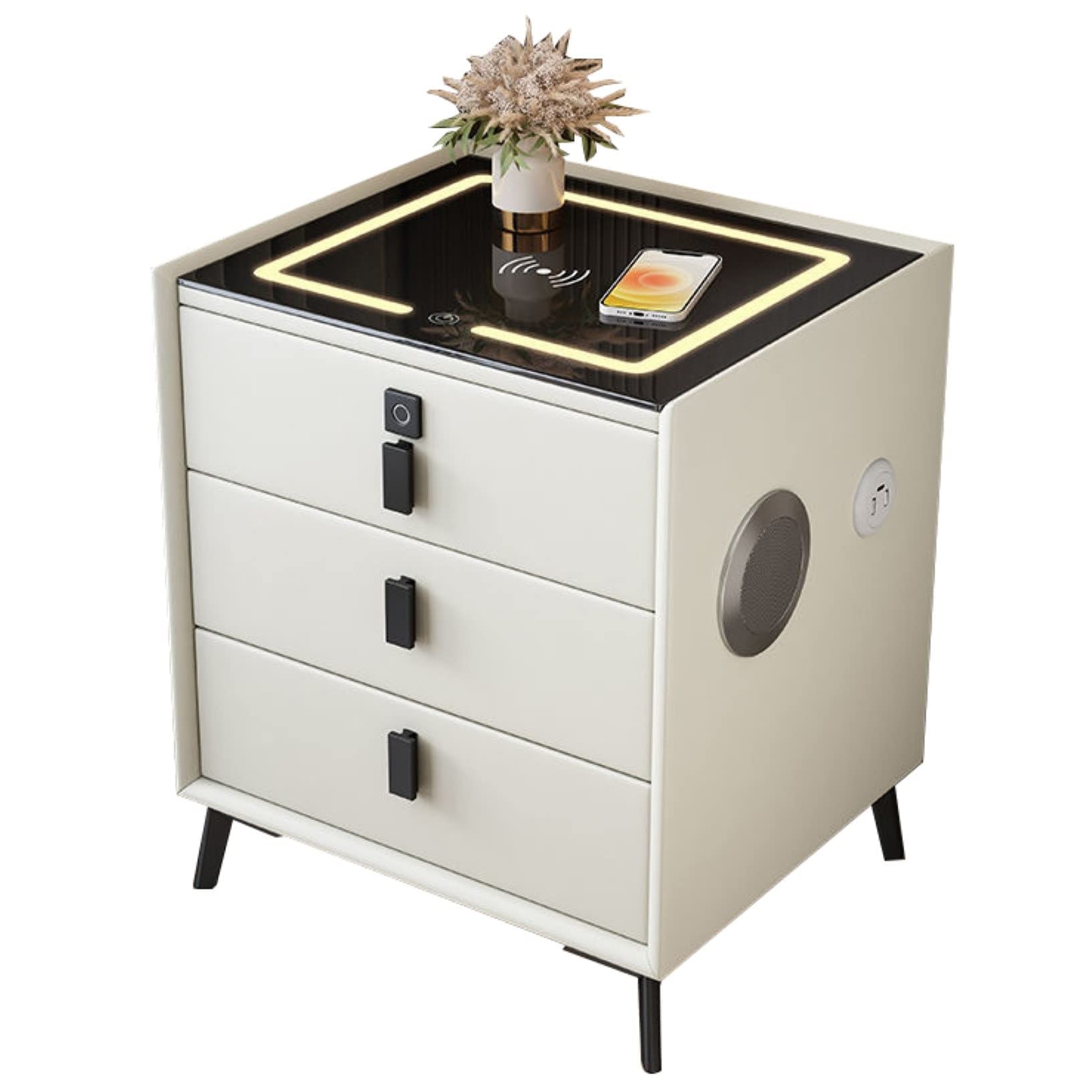 White,Three drawers,XNSHUNHOYN Table Bedroom Smart Bedside Table with LED Light,Smart Nightstand with Fingerprint Lock and Speaker,Minimalist New