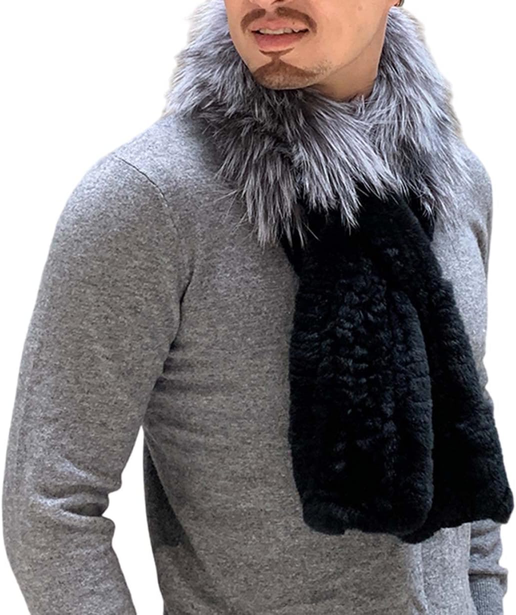 Men Winter Scarves Real Rex Rabbit Hair Scarf with Fluffy Fox Hair Neck Warmer Wrap Outdoor Casual Party